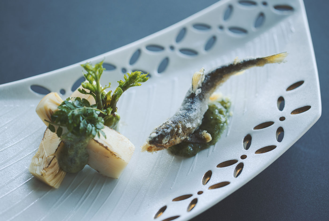 Grilled bamboo shoot with sansho pepper buds Simmered homebred chicken with kudzu starch